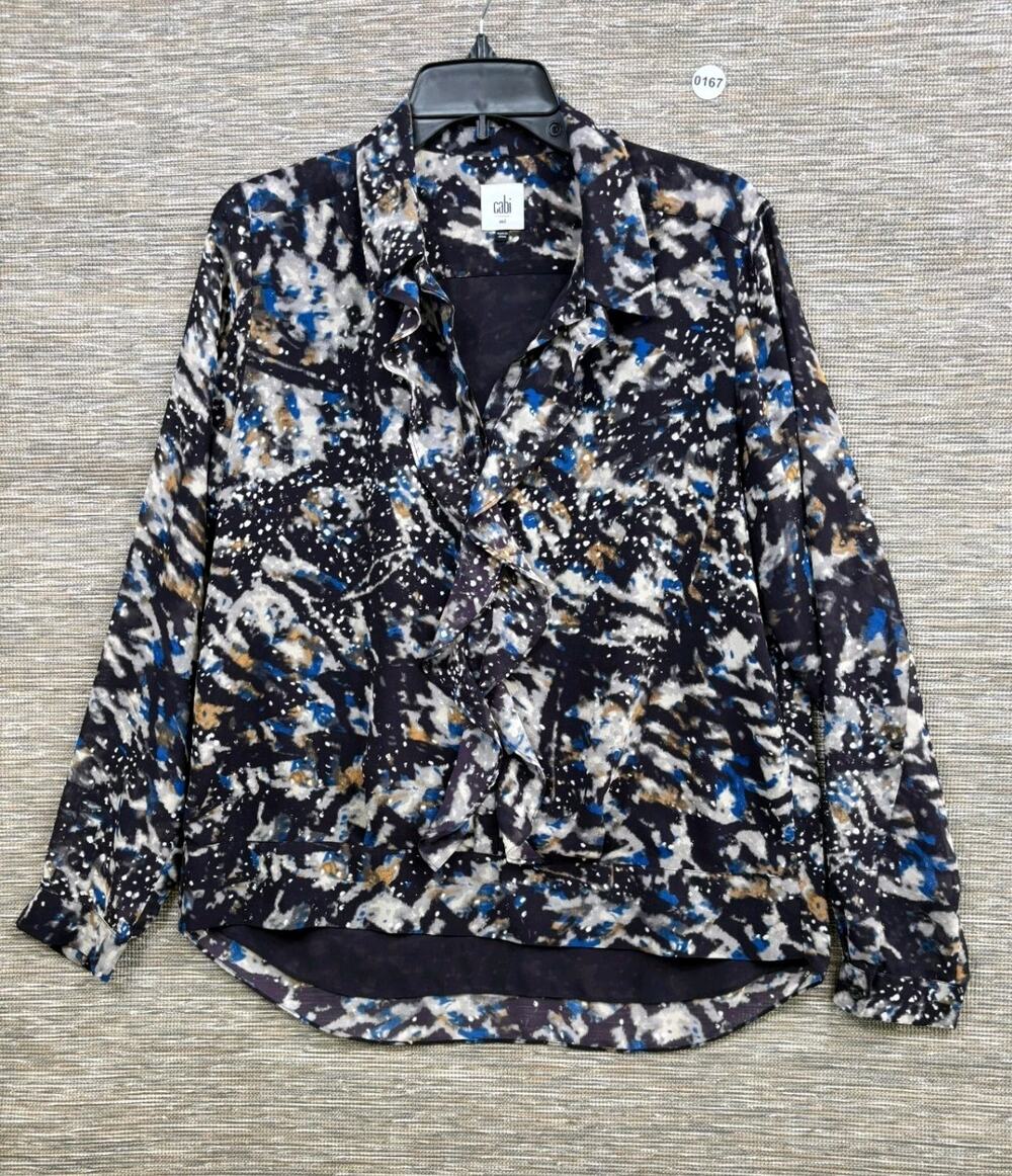 CAbi Starry Night Blue Button Up Ruffle Bluose Womens Size M Long Sleeve